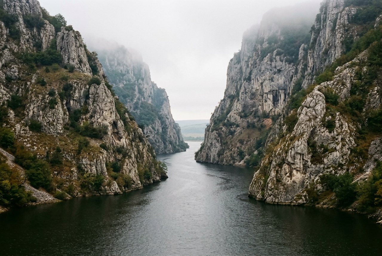 A gorge narrowing between two enormous limestone walls with the Danube running through the gap, misty morning, no vessels