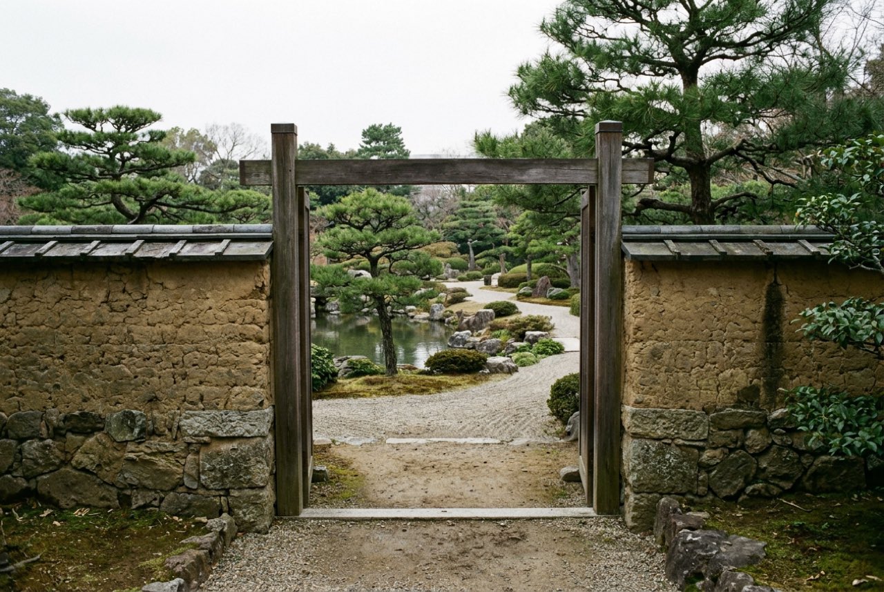 A gate in a low park wall opening onto a Japanese garden of clipped pines and a still pond, pale grey spring light