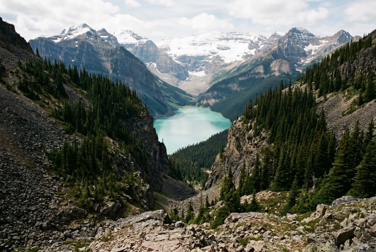 A pass between two forested Canadian ranges opening onto a long turquoise glacial lake far below, snow on the high peaks
