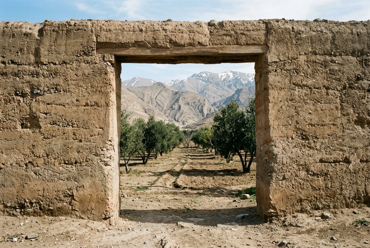 An opening in a rammed earth wall giving onto an irrigated orchard with the bare High Atlas beyond, dry hard light