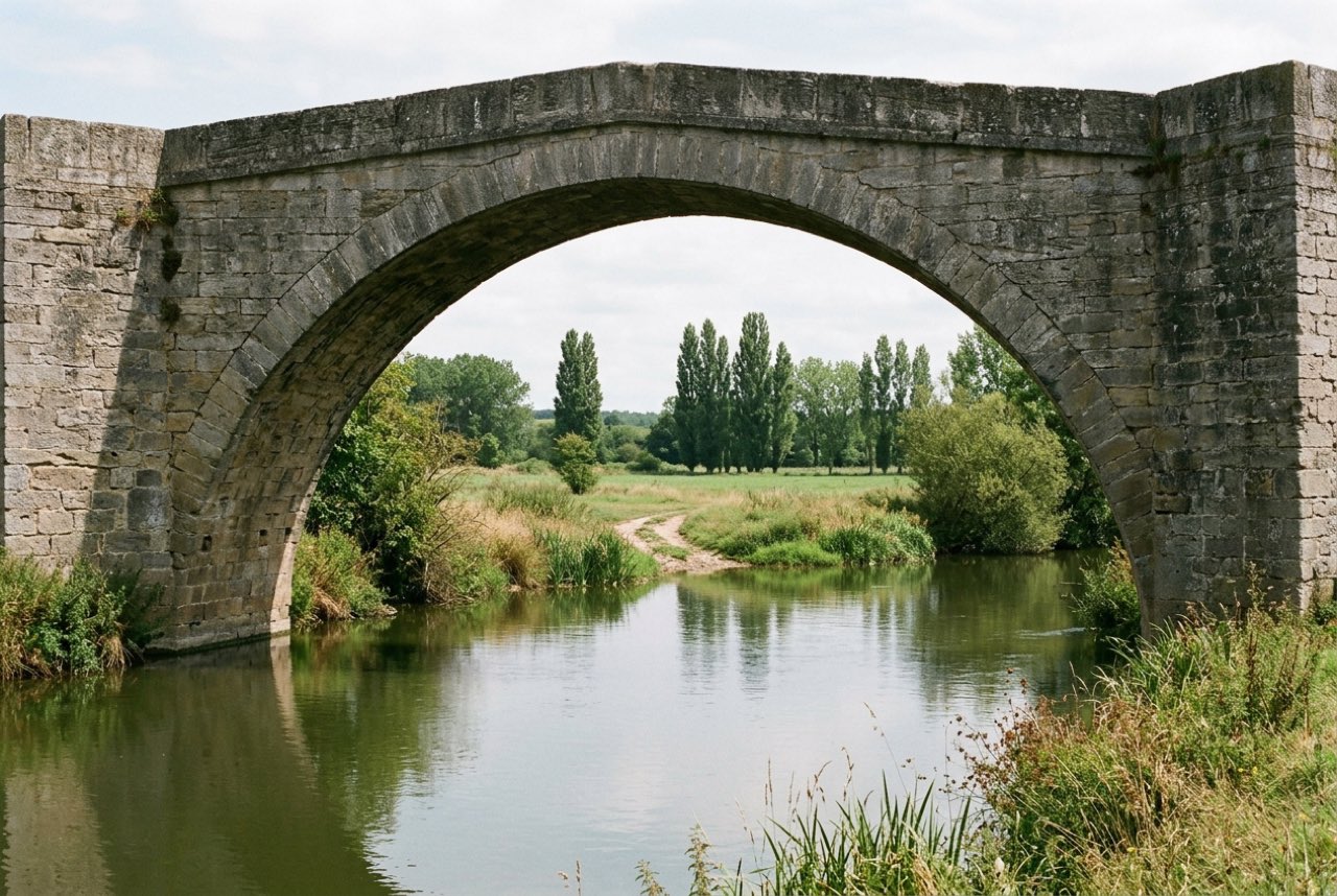 A wide stone bridge arch over a slow green river, meadows and poplars visible through the opening, still air
